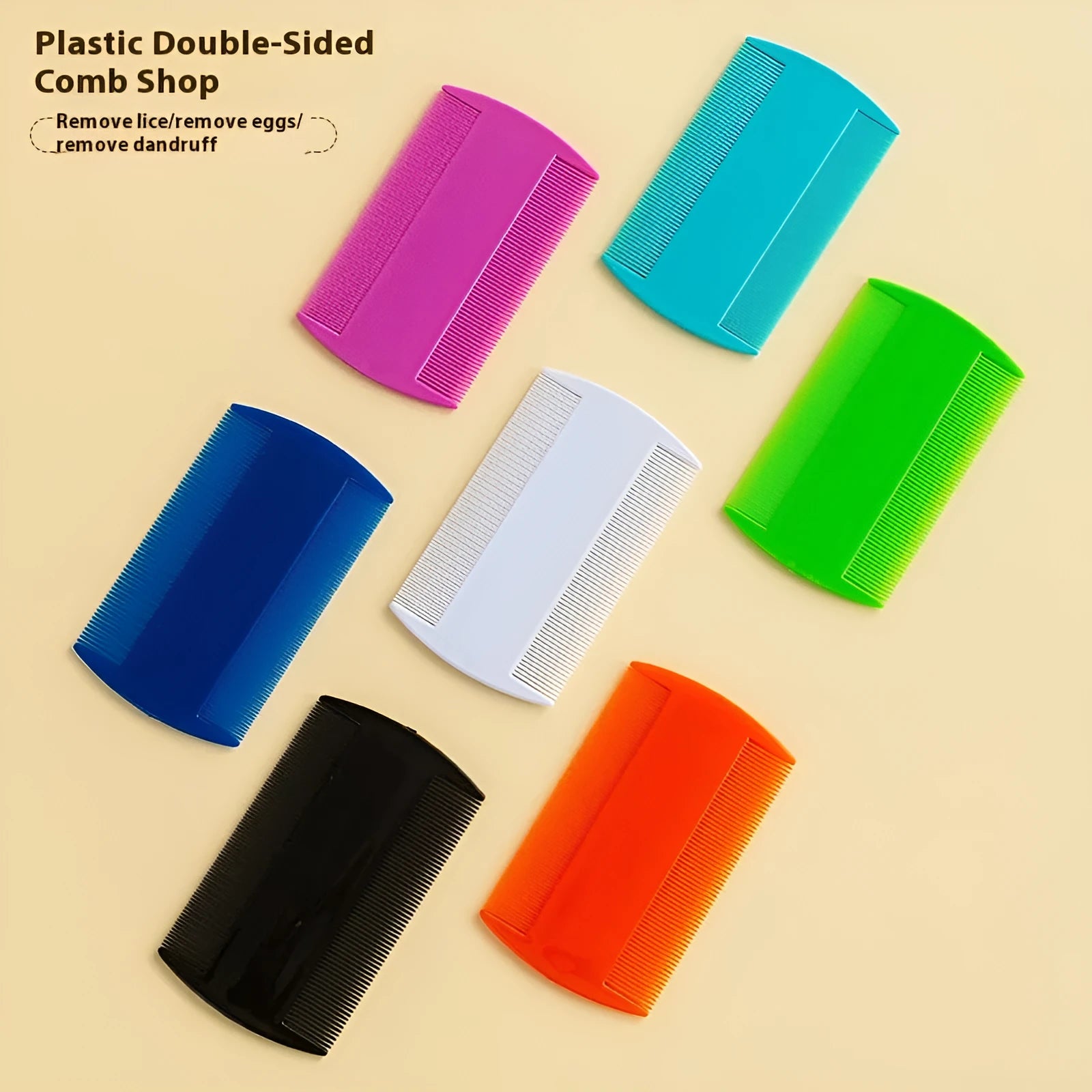 A double-edged fine-toothed plastic flea and lice comb in a selected colour, shown with its size scale.
