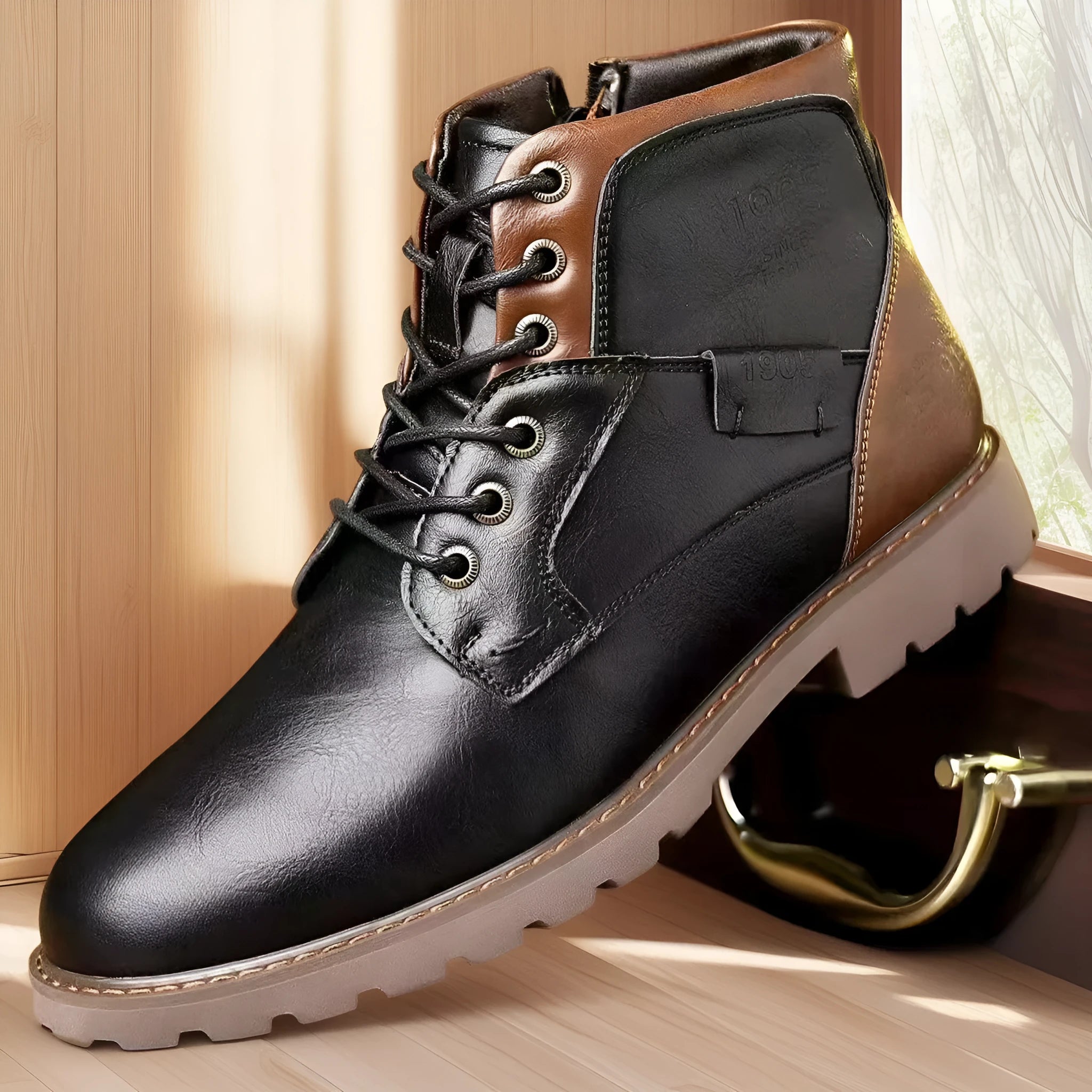 Brown men's ankle boot with a side zip, round toe, and rubber sole on a plain background.