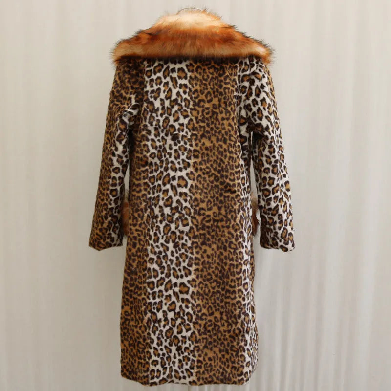 Women's long faux fur leopard print jacket with regular sleeves on a hanger.