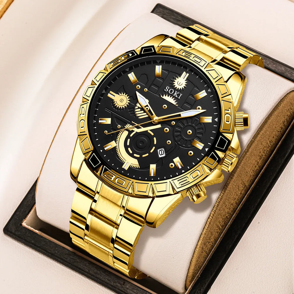 Men's gold stainless steel business quartz watch with calendar on wrist