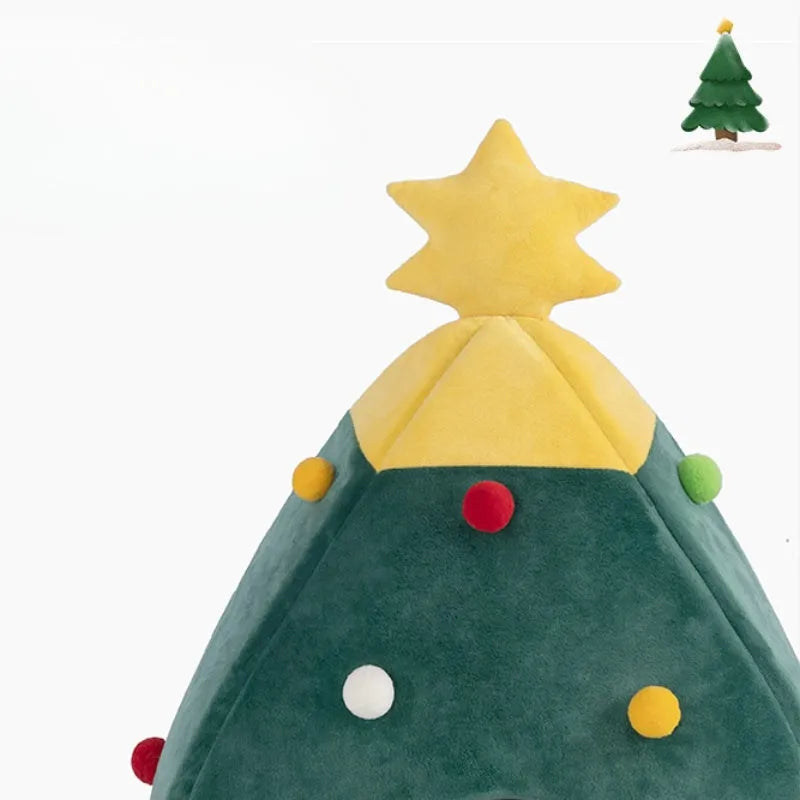 Plush Christmas-themed cave-style pet bed for cats and dogs with a washable cover