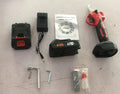 Wireless electric pruning shear with lithium batteries and plastic storage case.
