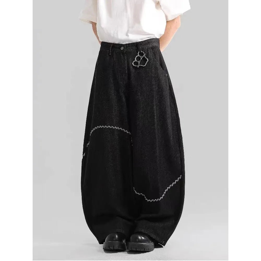 Black straight-leg trousers with zip fly placket and mid-waist design