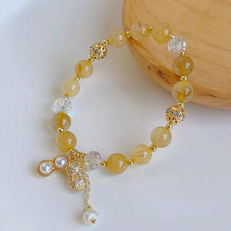 Citrine Female Peanut Sunstone Beaded Bracelet in gold colour, simple crystal bead design for women