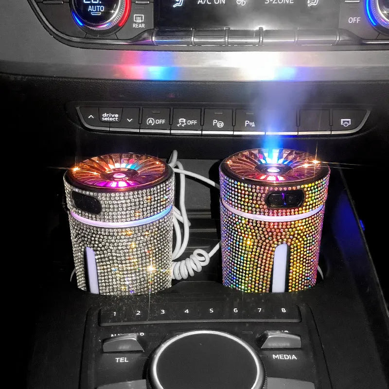 Rhinestone car humidifier with colourful LED lights, 15cm portable design for auto aromatherapy