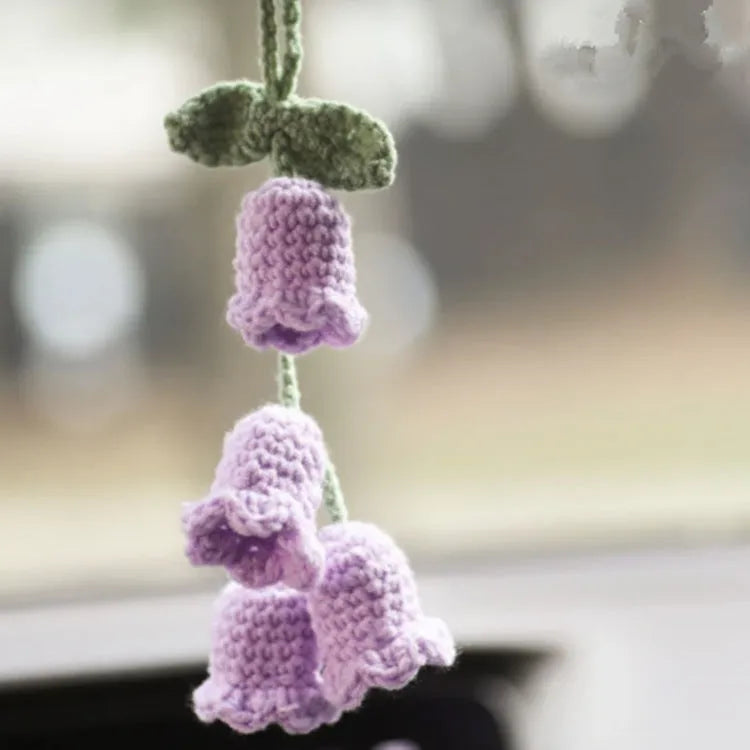 Green and white knitted wool car plant decoration with 8cm base and 25cm hanging rope