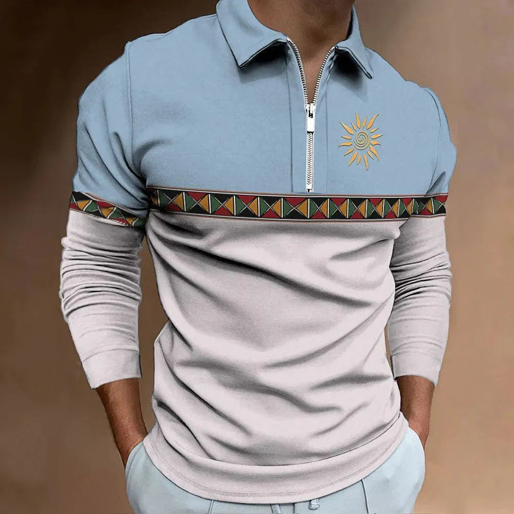 Men's striped loose-fit long sleeve t-shirt with retro colour printing and zipper detail on sleeve.