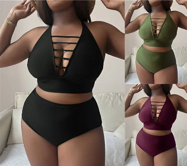Plus size halter bikini set with adjustable hollow cross straps in black, green or wine red