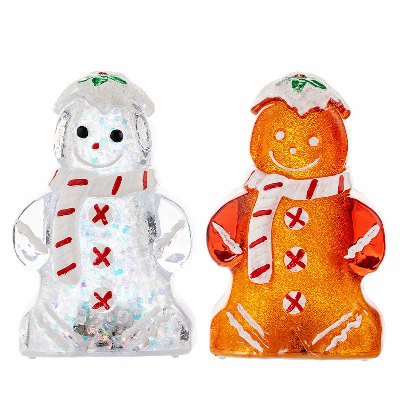 Glowing plastic gingerbread man snowman Christmas ornament with scarf in one of four colour options.
