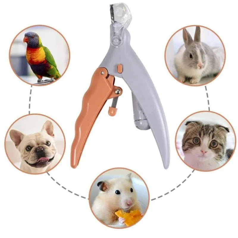 Yellow pet nail clipper for dogs and cats with built-in LED light and magnifying lens on handle.