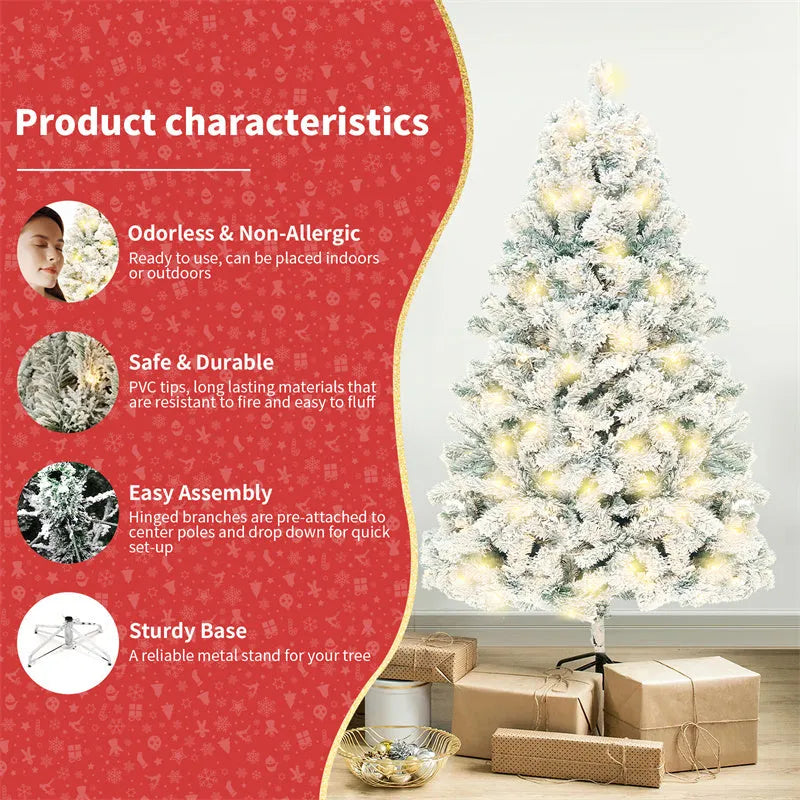Green and white artificial PVC Christmas tree with snow effect and metal stand.