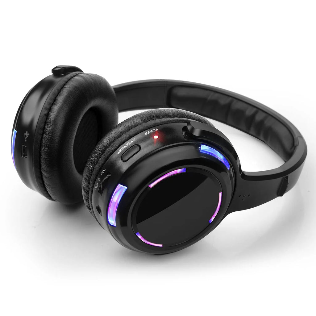 Black silent disco wireless headphones with 40mm drivers and 3m cable showing 3.5mm plug