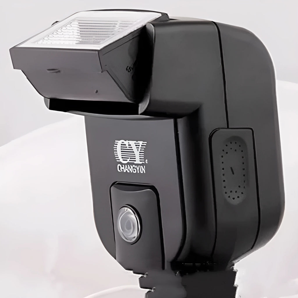 SLR camera flash accessory with tilting head shown on black background
