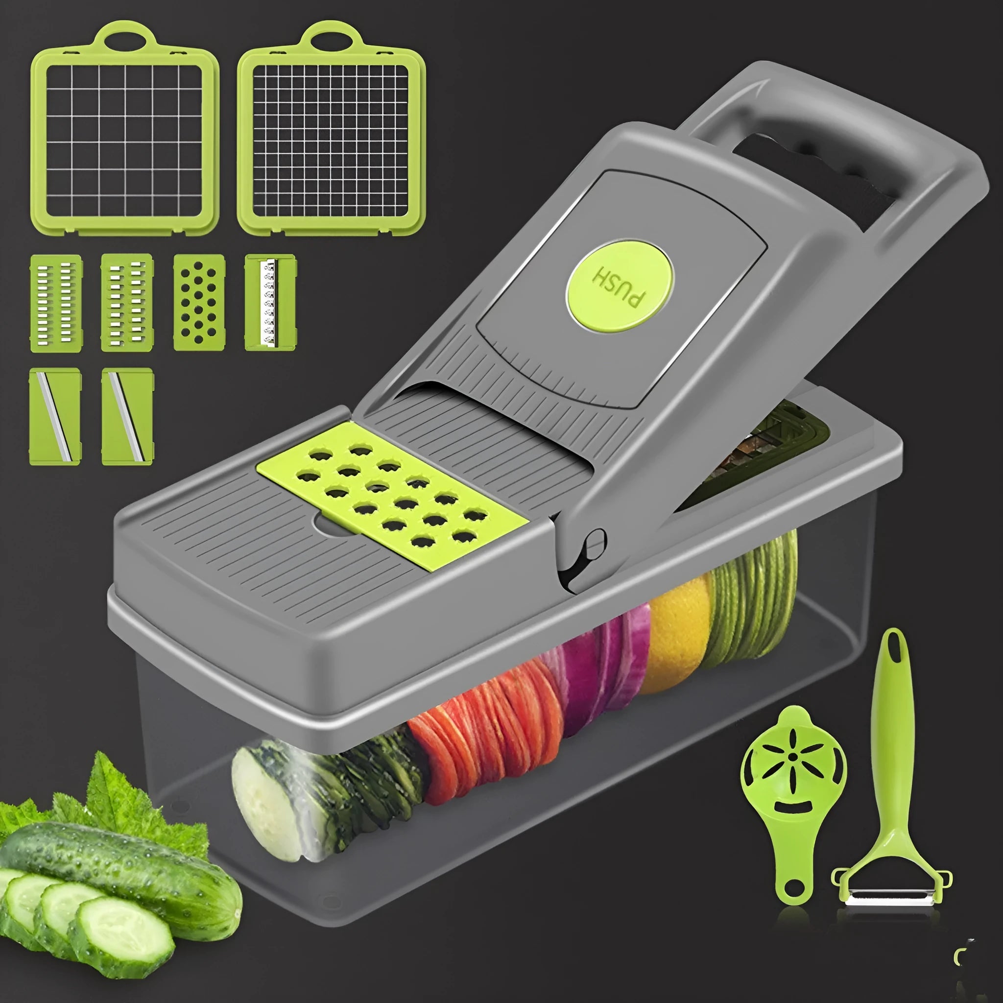 Gray stainless steel vegetable cutter with 8 blades, garlic grinder, hand guard, shaving knife, and egg white separator