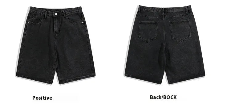 Men's casual denim shorts in straight-leg style with five pockets and zipper fly