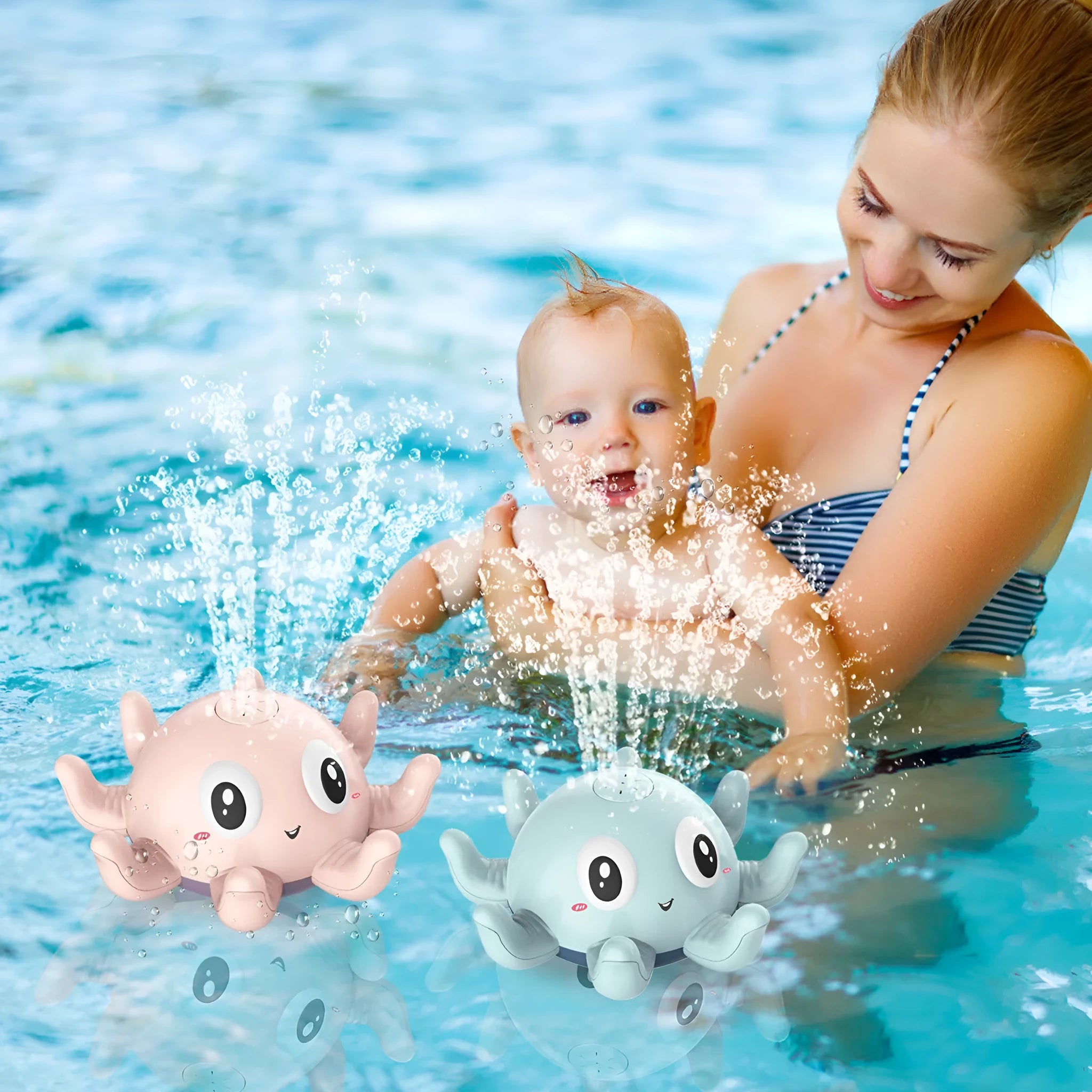 Blue octopus automatic water spray bath toy with flashing lights on a white background