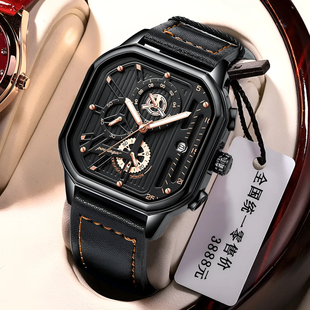 Men's quartz sports watch with belt-style strap showing 8mm case in black shell with gold nail details