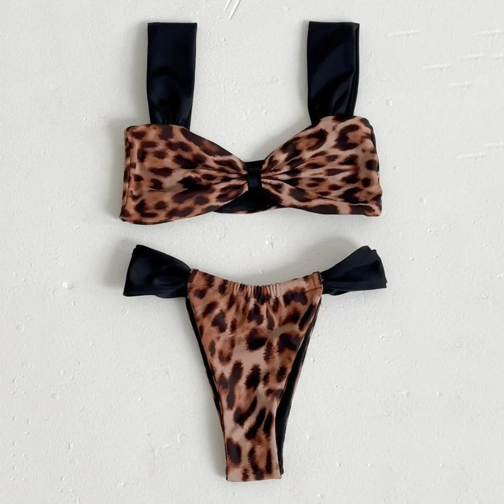 Women's black leopard print bikini swimsuit with tube top and Asian sizing options