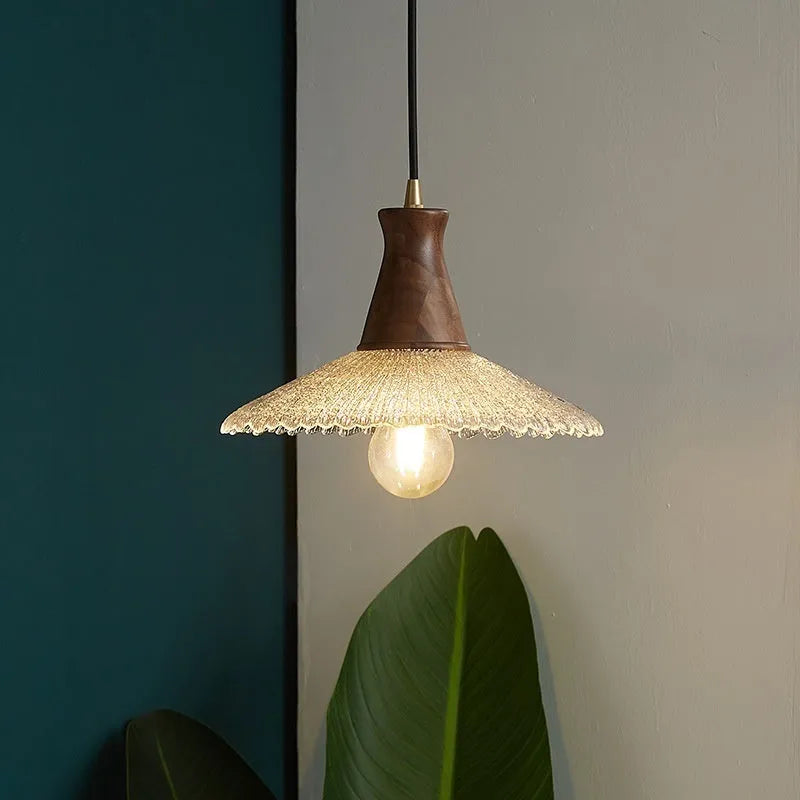Wood and brass electroplated ceiling lamp with glass shade in three available sizes