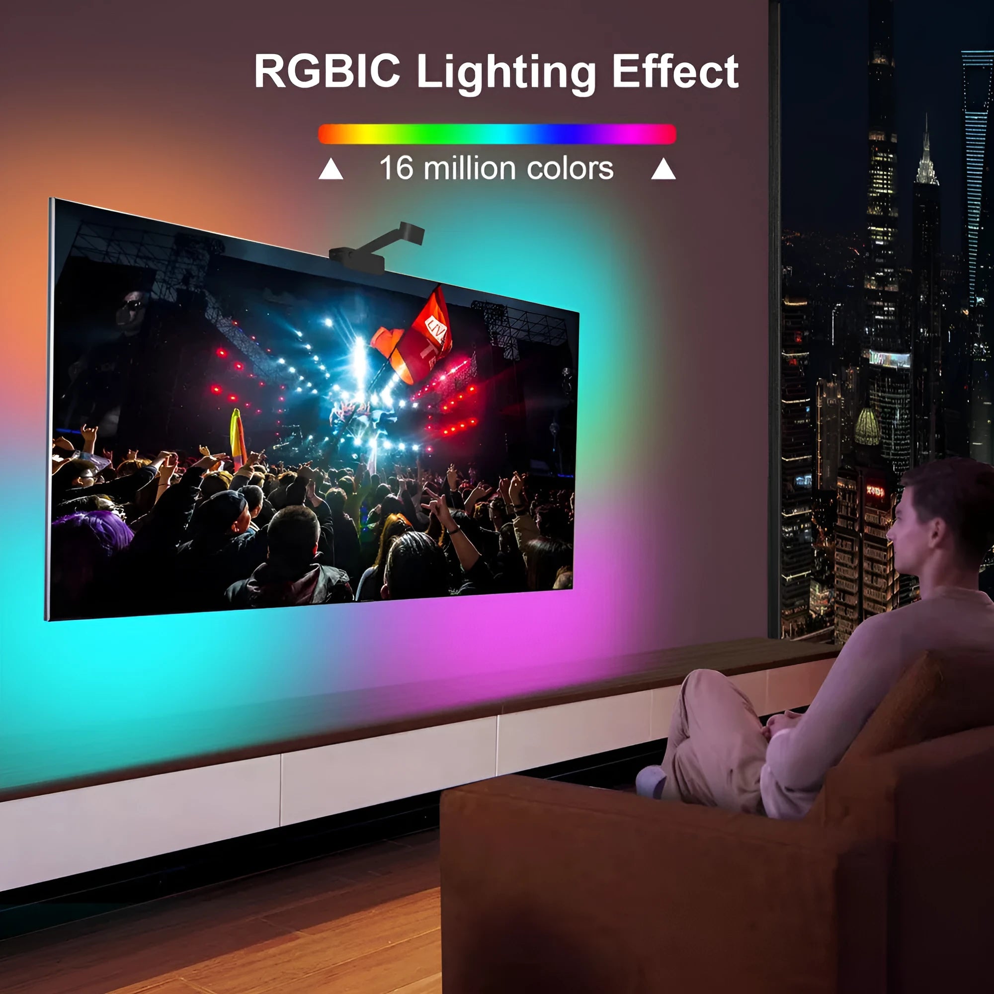 Smart TV LED backlight strip with camera controller showing RGBIC lighting behind television