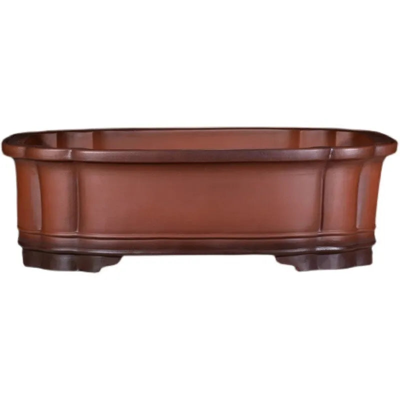 Large rectangular purple clay flowerpot with antique finish and traditional Chinese design