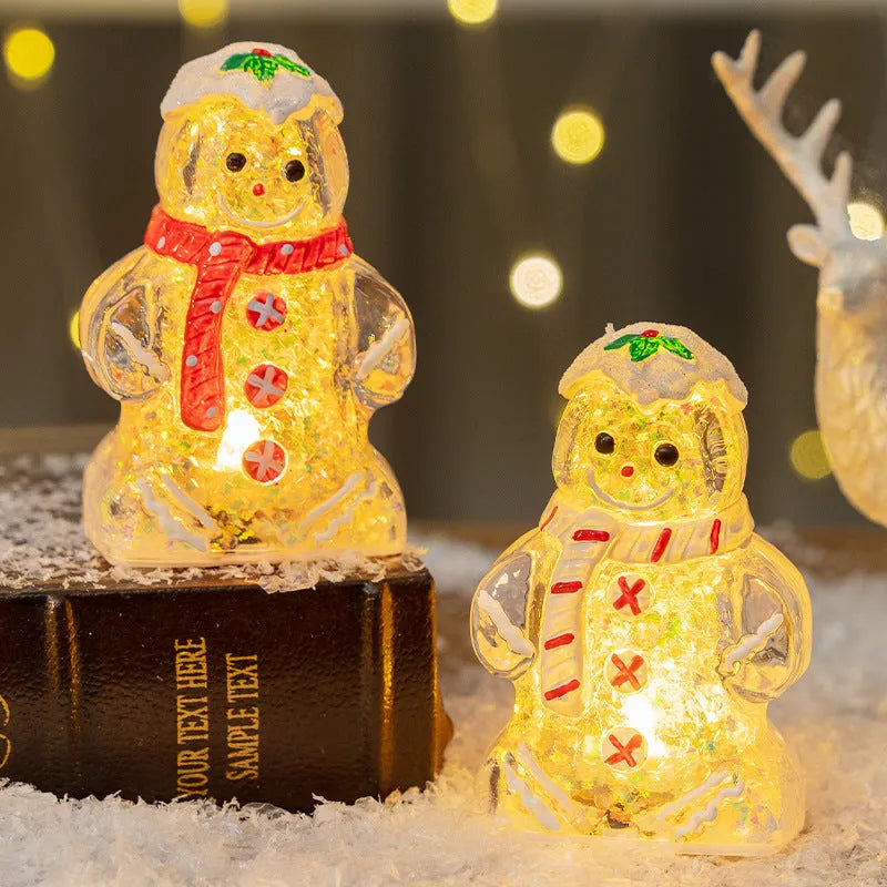 Glowing plastic gingerbread man snowman Christmas ornament with scarf in one of four colour options.