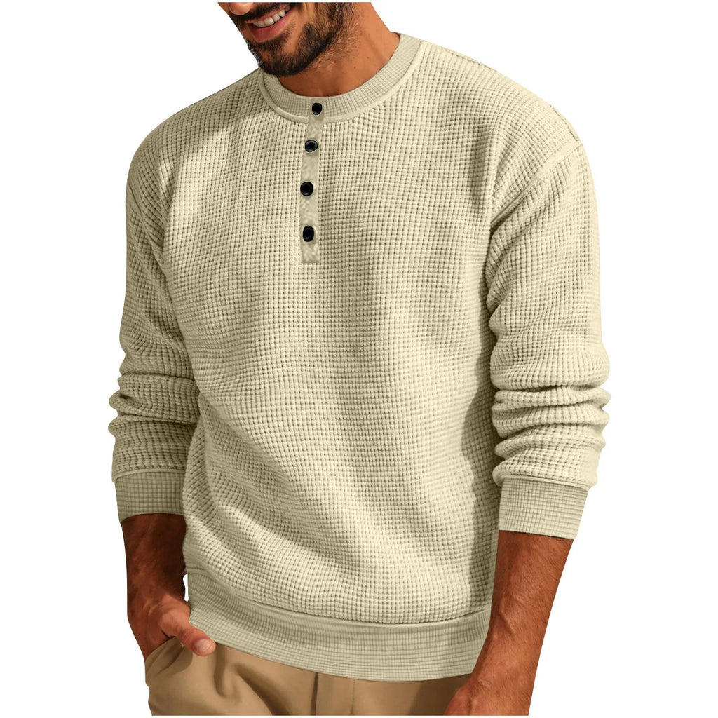 Solid colour long sleeve waffle Henley shirt for men in loose fit, shown in Black