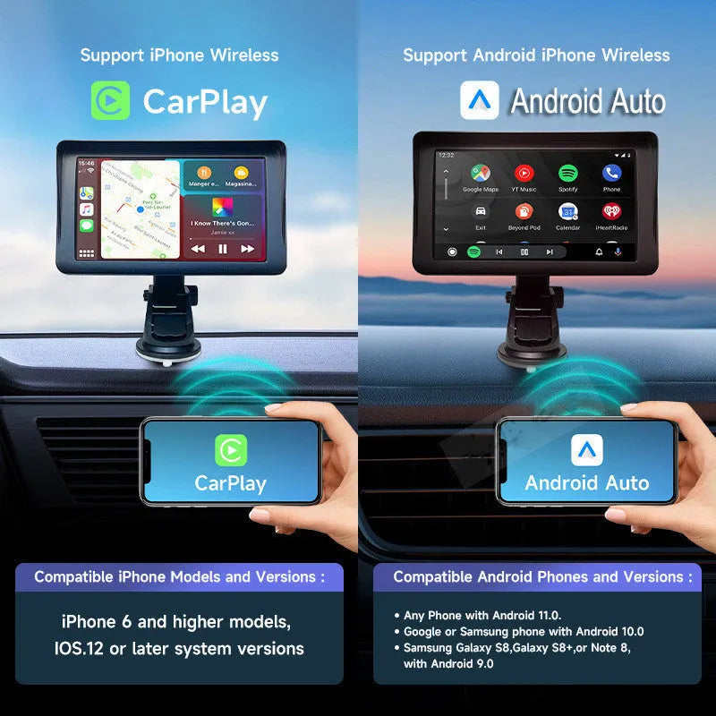 7-inch portable car smart display with retractable bracket showing wireless Carplay interface on screen