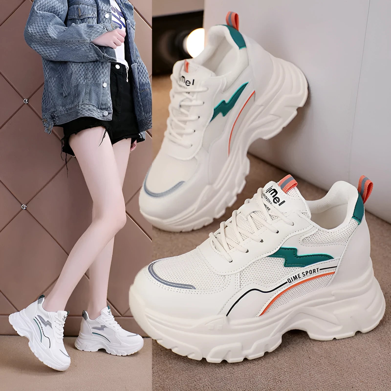 Women's white height increasing dad shoes with cross shoulder straps and rubber sole