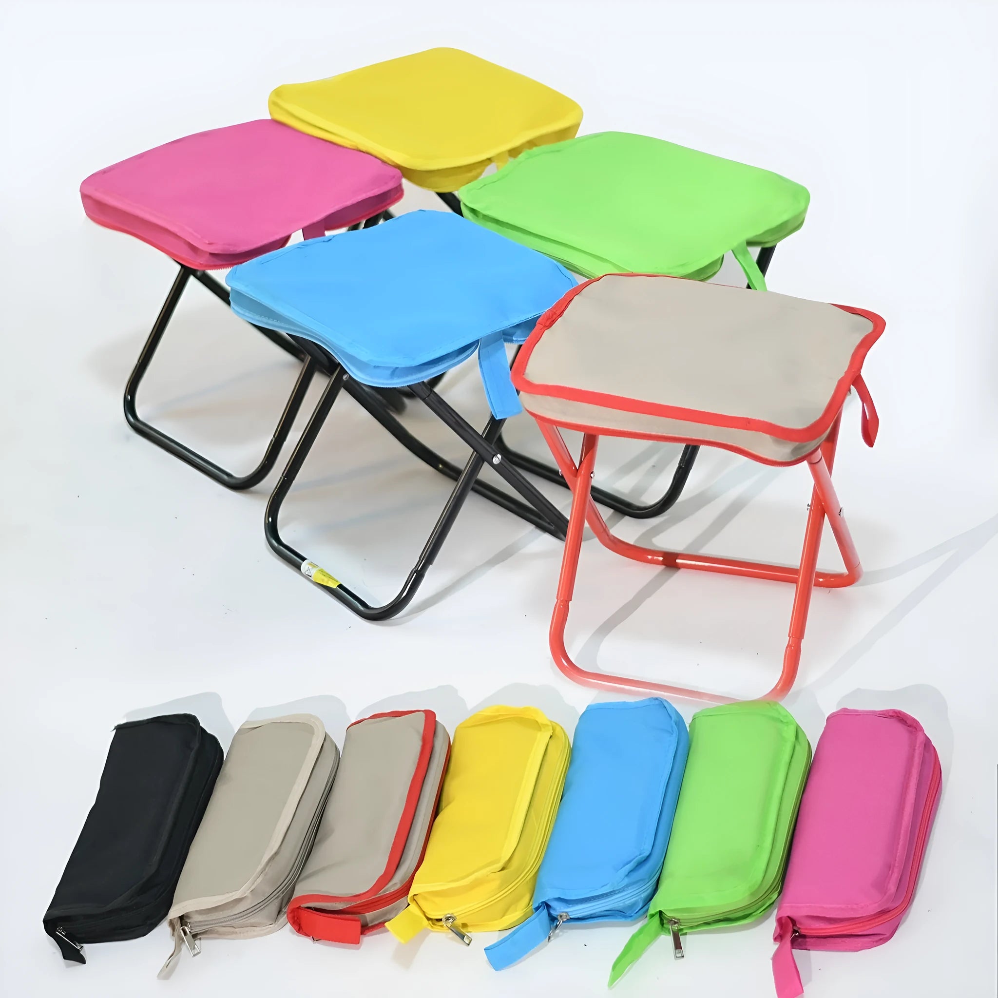A foldable outdoor camping stool in Oxford cloth, shown in a khaki colour, folded compactly.