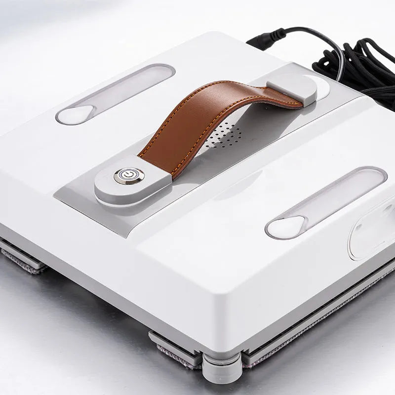 White intelligent window cleaning robot for high-rise windows with voice and app control.