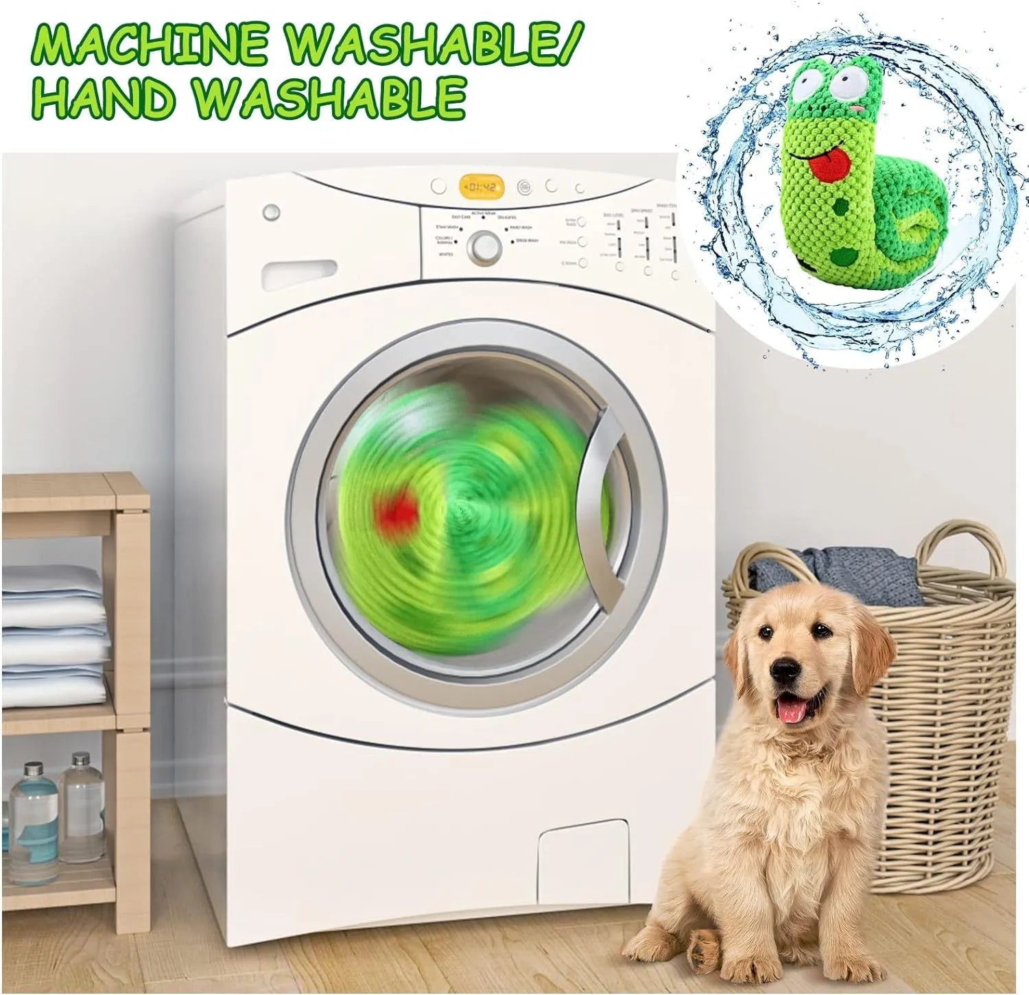 Squeaky dog toy in frog, snail or snake design with hidden food holes for foraging training