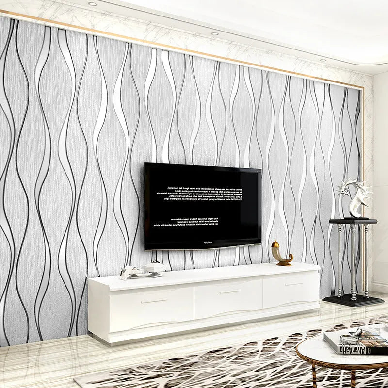 Close-up of textured curve stripe pattern on dark brown 3D decorative wallpaper roll.