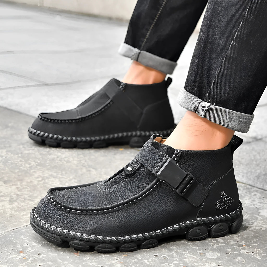 Handmade stitching casual slip on shoes in PU leather with flat sole, available in black, green or brown