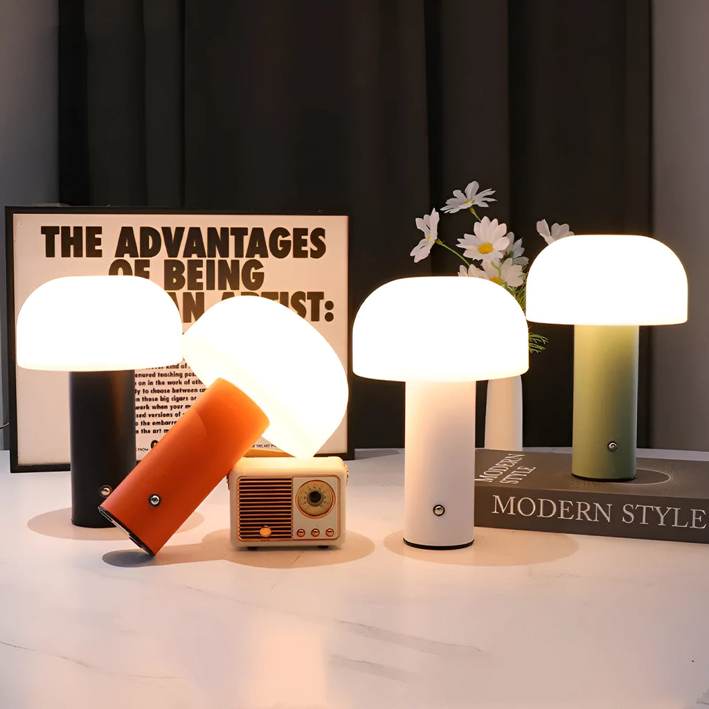 USB-powered plastic table lamp in a choice of black, green, orange, or white colour.