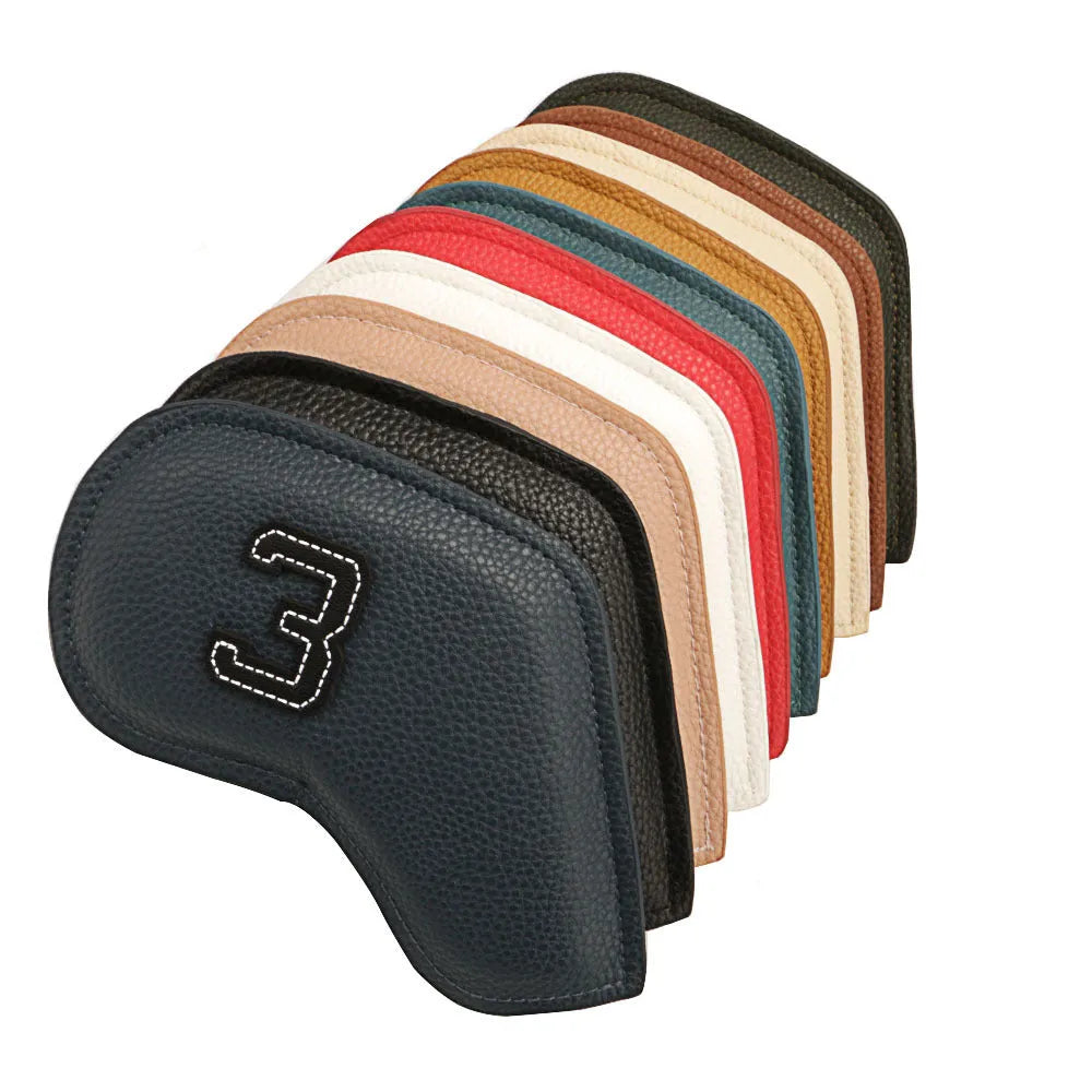 Set of 10 assorted digitally printed PU golf club head covers for protection and gifting.