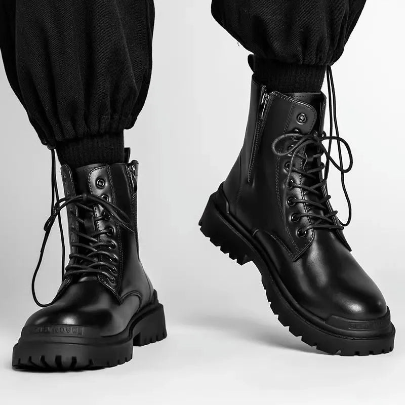 Men's black waterproof mid-top boots with rubber soles