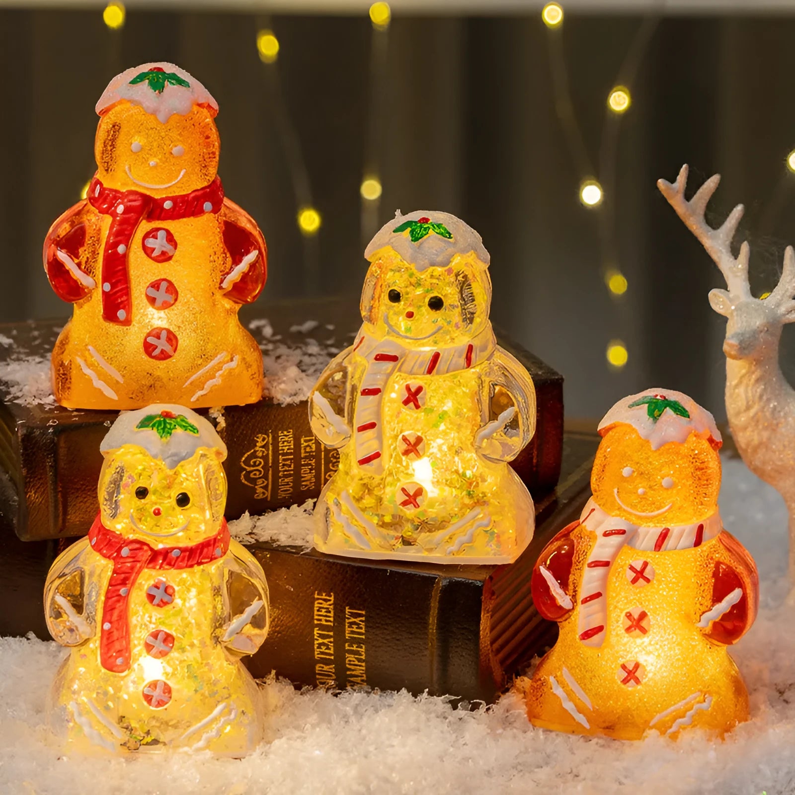 Glowing plastic gingerbread man snowman Christmas ornament with scarf in one of four colour options.