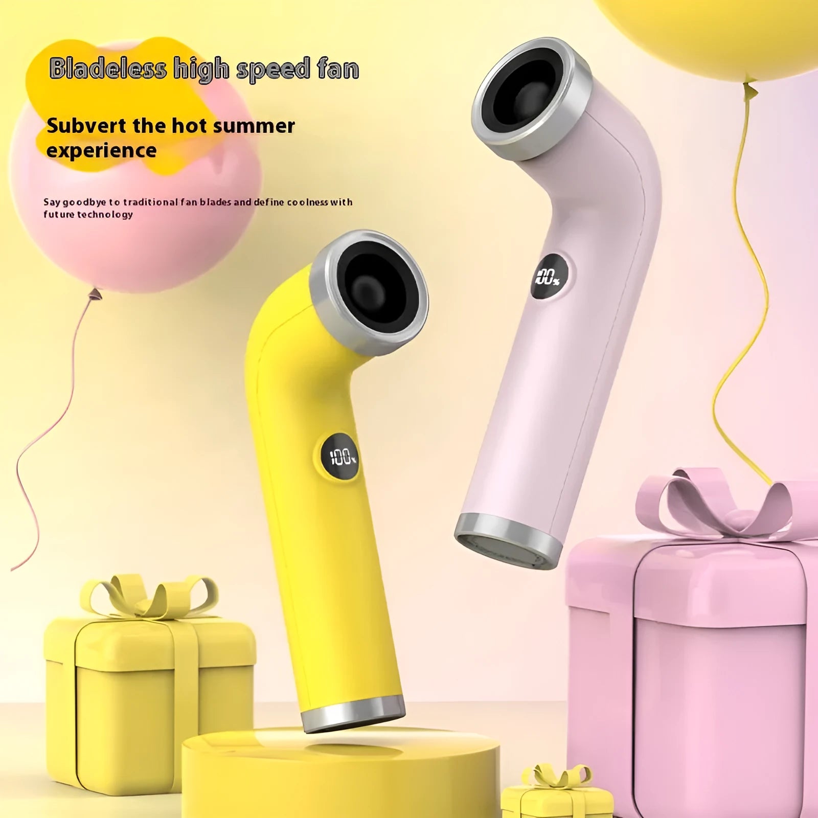 Apricot coloured bladeless portable turbine fan with power cord on a desk.