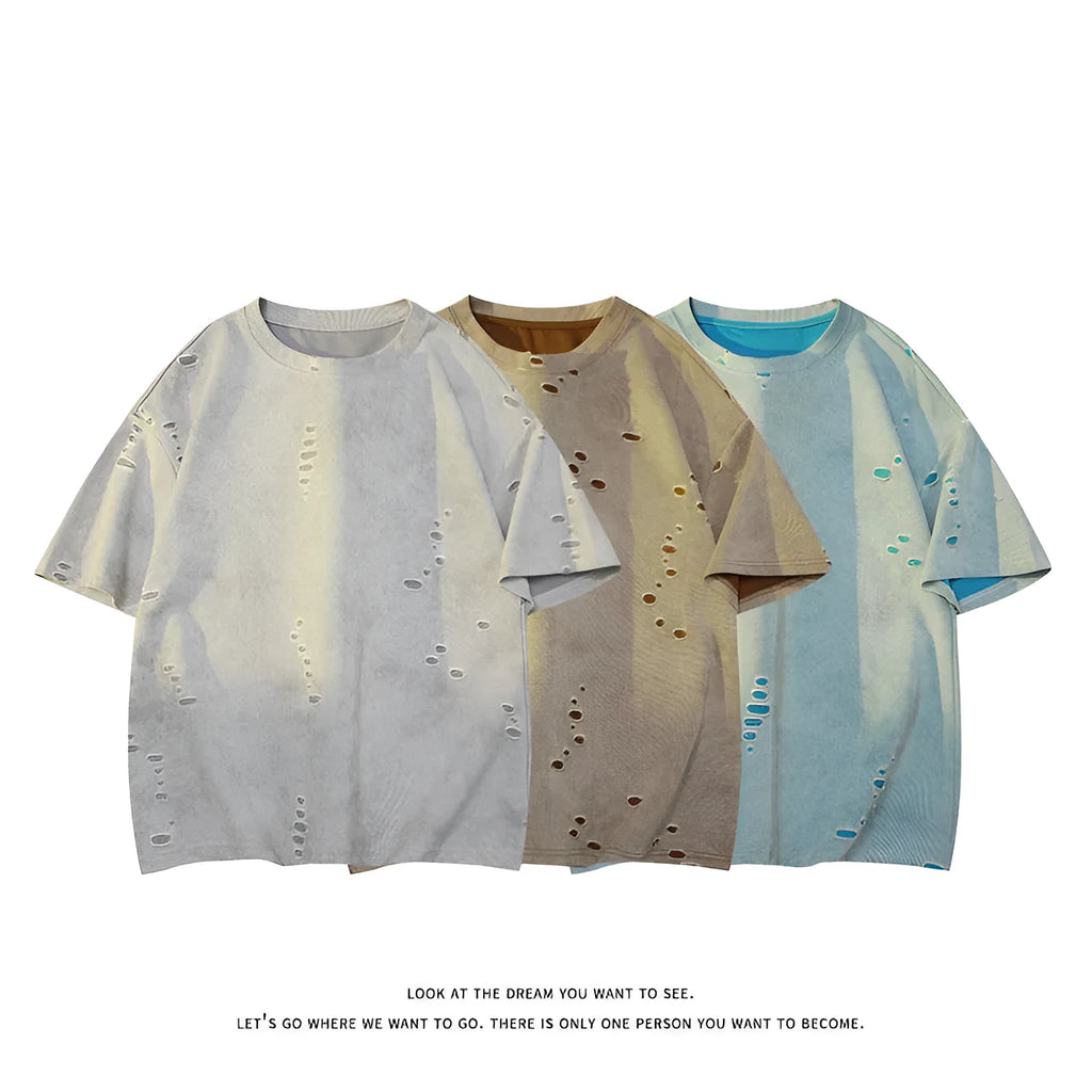 Men's grey loose-fit ripped short sleeve cotton blend T-shirt on a hanger.
