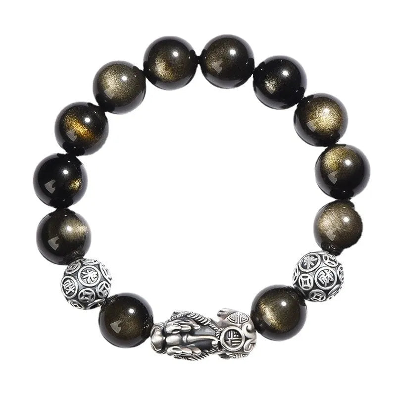 Men's geometric obsidian bracelet with 999 sterling silver leather accents in silver brave troops design