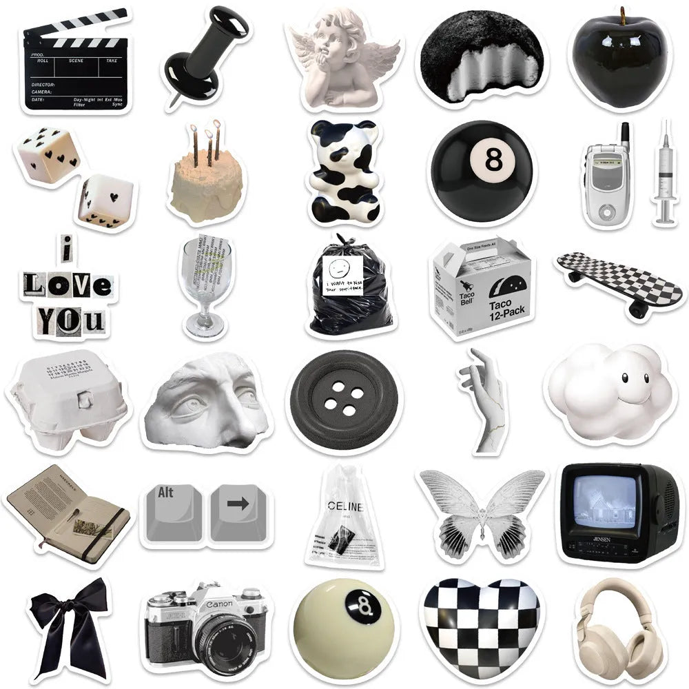 Pack of 61 black and white simple style PVC waterproof stickers for laptops and phones.