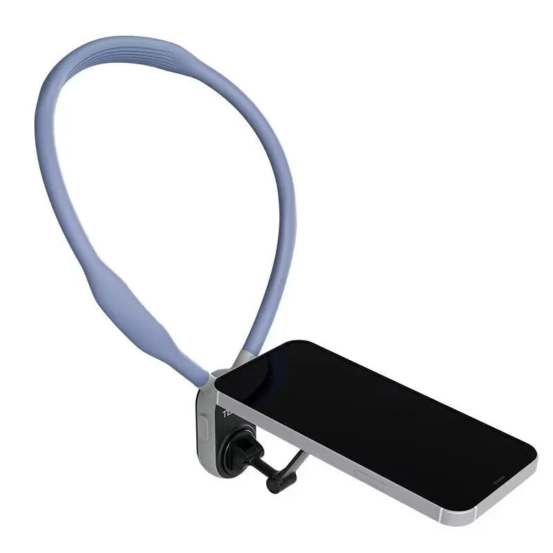 Gray silicone magnetic phone neck mount showing mobile phone attached with safety rope and aluminium strip construction