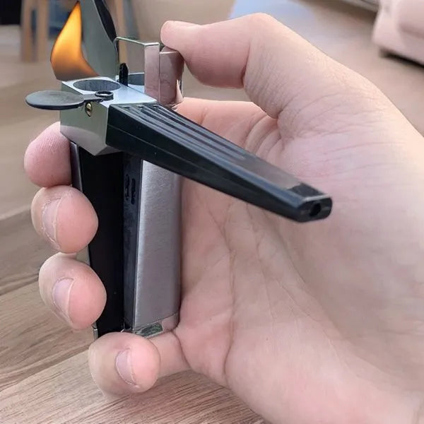Refillable metal pipe lighter with foldable cover and built-in smoking bowl