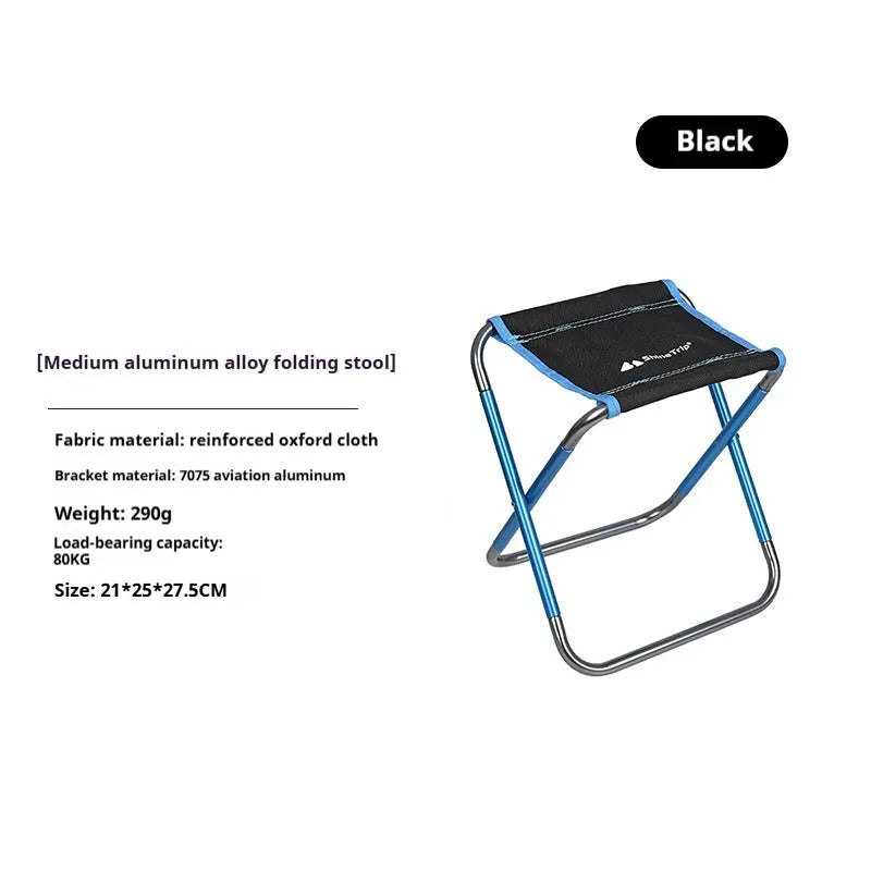 Black aluminium alloy portable folding camping stool shown in folded and unfolded positions.