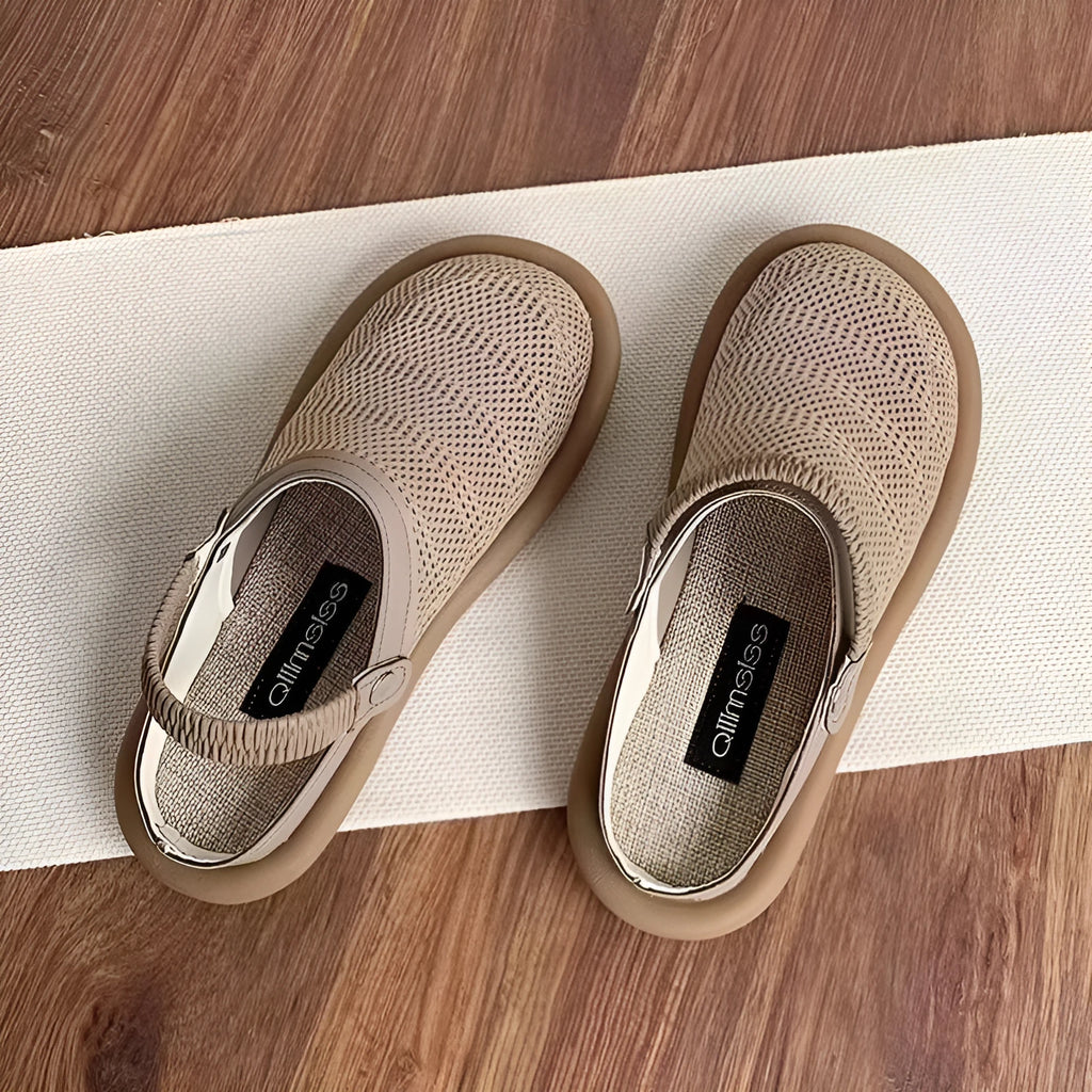 Linen slip-on hole shoes with mesh lining and rubber sole in milky white colour