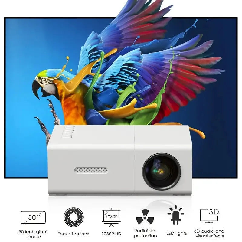 M100 mini home projector in white and black colours showing 100-inch projection size
