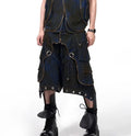 Blue Korean-style hooded denim vest coat with matching trousers, zippered front closure