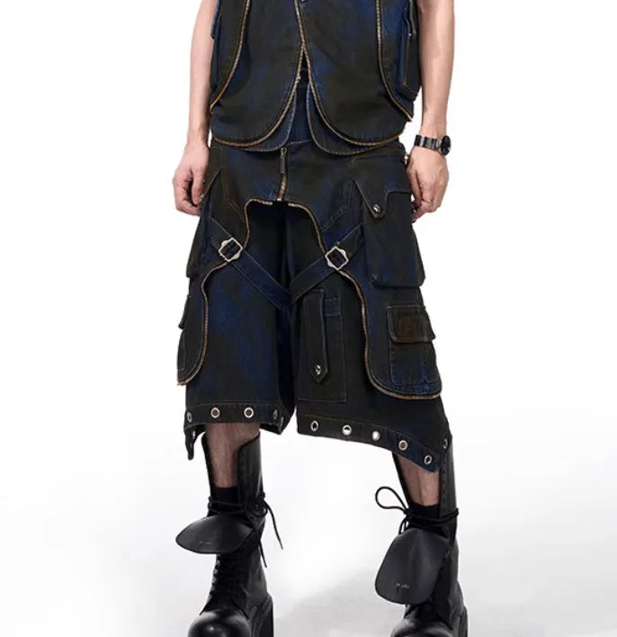 Blue Korean-style hooded denim vest coat with matching trousers, zippered front closure