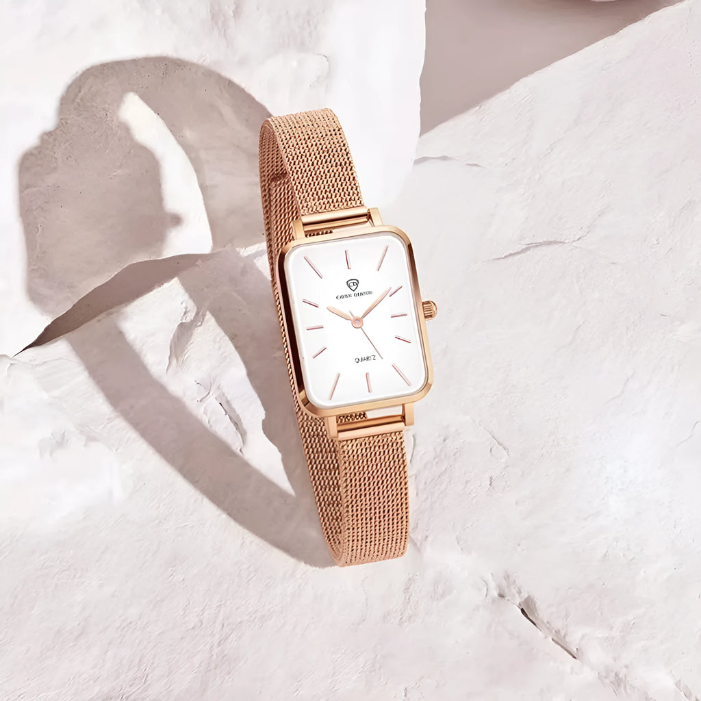 Rose gold or silver women's waterproof quartz watch with a woven steel bracelet.